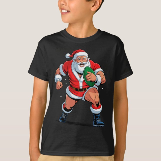 Santa Playing Rugby Funny Holiday Christmas Xmas P T-Shirt (Front)
