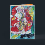 SANTA PLAYING SAX, MUSICAL CHRISTMAS Gold Floral Holiday Card<br><div class="desc">Colourful , whimsical, fun Santa Claus is playing saxophone with musical notes in vibrant red, yellow, blue, white colours with gold yellow floral sparkles inside.</div>