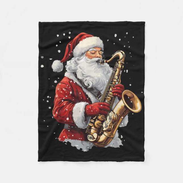 Santa Playing Saxophone Xmas Musician Saxophonist  Fleece Blanket (Front)