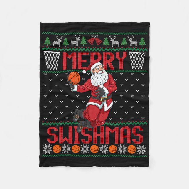 Santa Playing Sketll Ugly Christmas Sweater Swishm Fleece Blanket (Front)