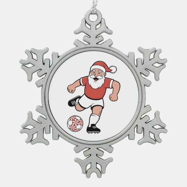 Santa Playing Soccer Christmas Player Sport  Snowflake Pewter Christmas Ornament (Front)