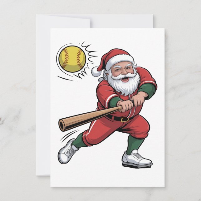 Santa Playing Softball Christmas Player Sport Holiday Card (Front)