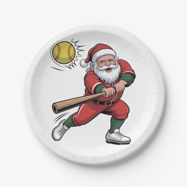 Santa Playing Softball Christmas Player Sport Paper Plate (Front)