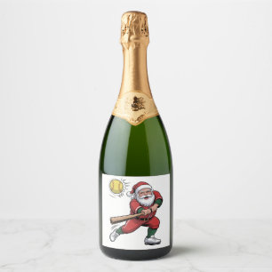 Santa Playing Softball Christmas Player Sport Sparkling Wine Label
