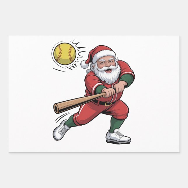 Santa Playing Softball Christmas Player Sport Wrapping Paper Sheet (Front)