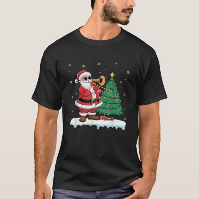 Santa Playing Trombone Boys Girls Kids Tree Lights T-Shirt (Front)