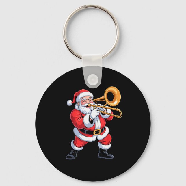Santa Playing Trombone Funny Holiday Chrismas Xmas Key Ring (Front)