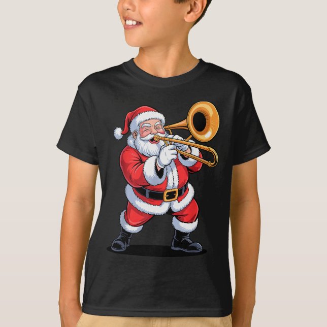 Santa Playing Trombone Funny Holiday Chrismas Xmas T-Shirt (Front)