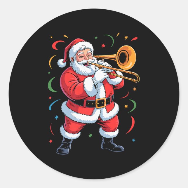 Santa Playing Trombone Funny Holiday Christmas Xma Classic Round Sticker (Front)