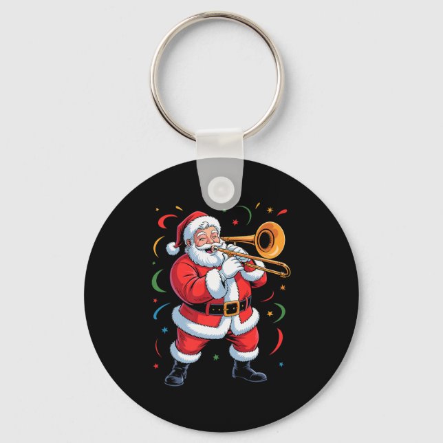 Santa Playing Trombone Funny Holiday Christmas Xma Key Ring (Front)