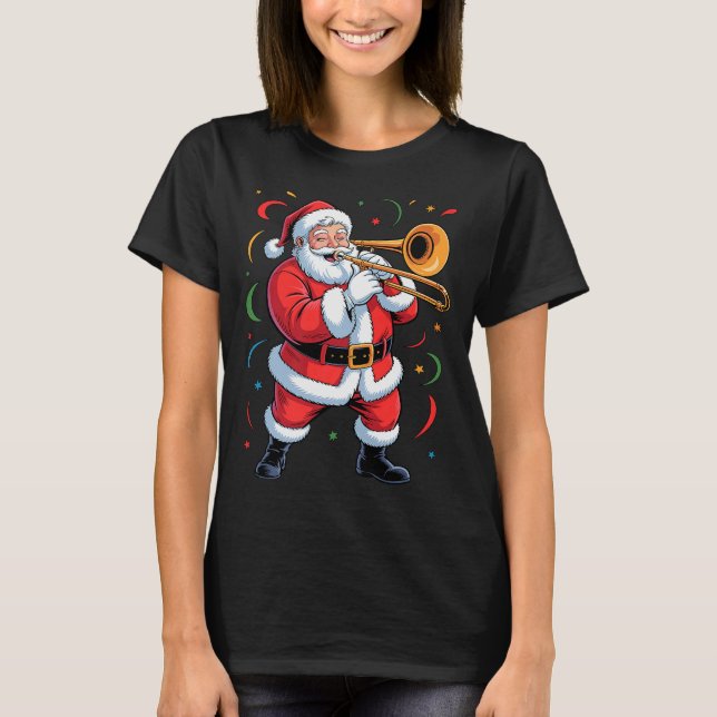 Santa Playing Trombone Funny Holiday Christmas Xma T-Shirt (Front)