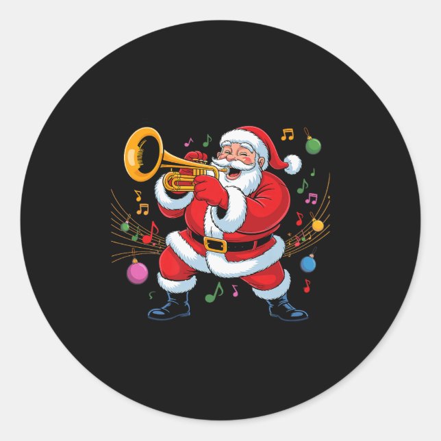 Santa Playing Trumpet Funny Holiday Chrismas Xmas  Classic Round Sticker (Front)