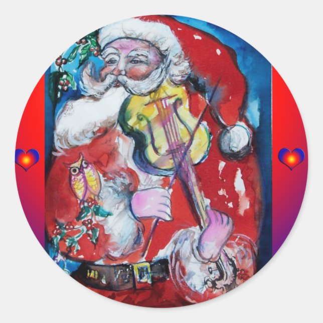 SANTA PLAYING VIOLIN / Musical Christmas Classic Round Sticker (Front)