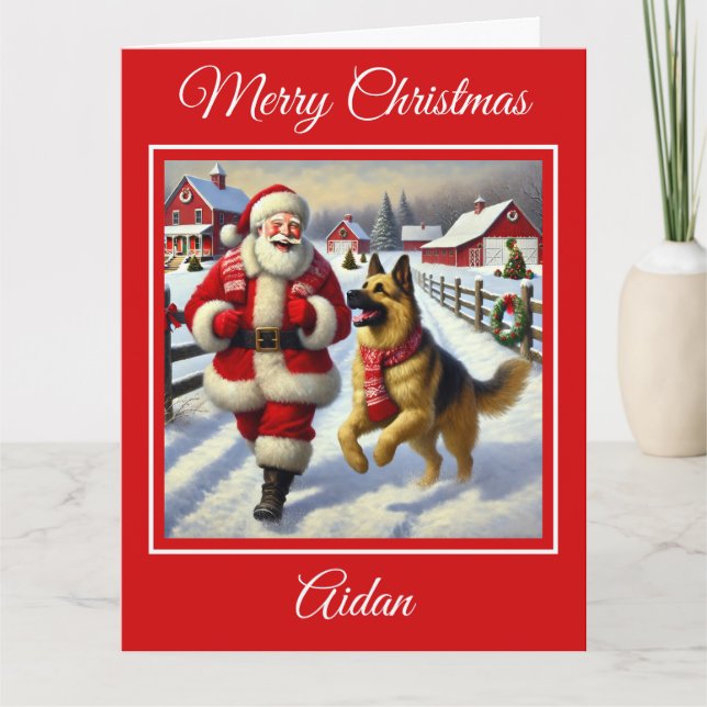 Santa Playing with a German Shepherd on Christmas Card (Front)