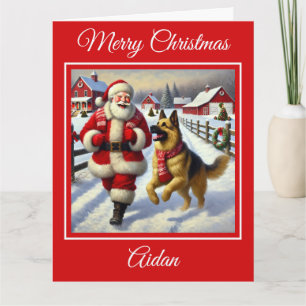 Santa Playing with a German Shepherd on Christmas Card