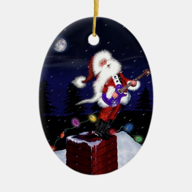 Santa Plays Guitar Ceramic Tree Decoration (Front)