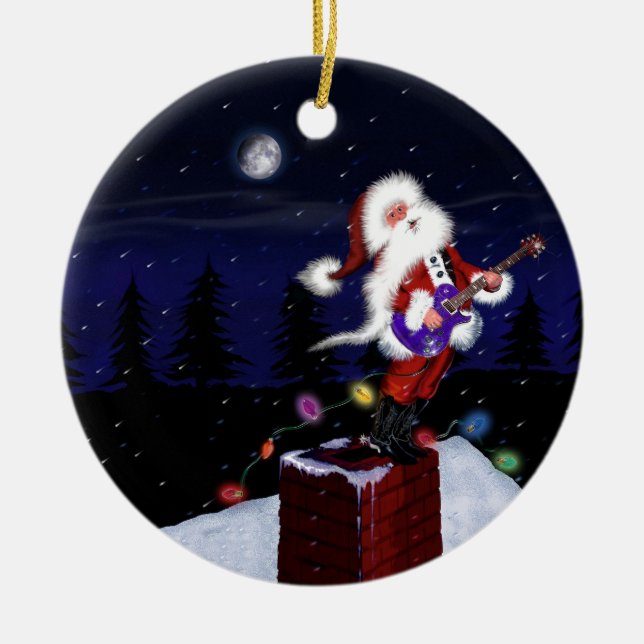 Santa Plays Guitar Ceramic Tree Decoration (Front)