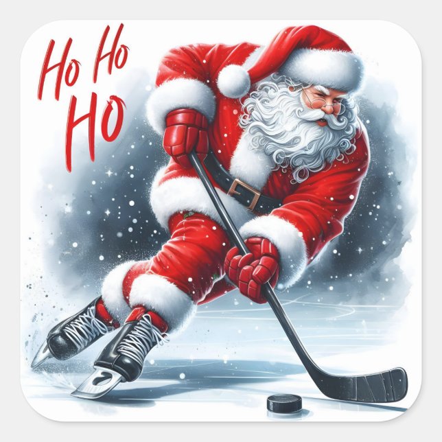 Santa Plays Hockey Spreading Cheer Square Sticker (Front)