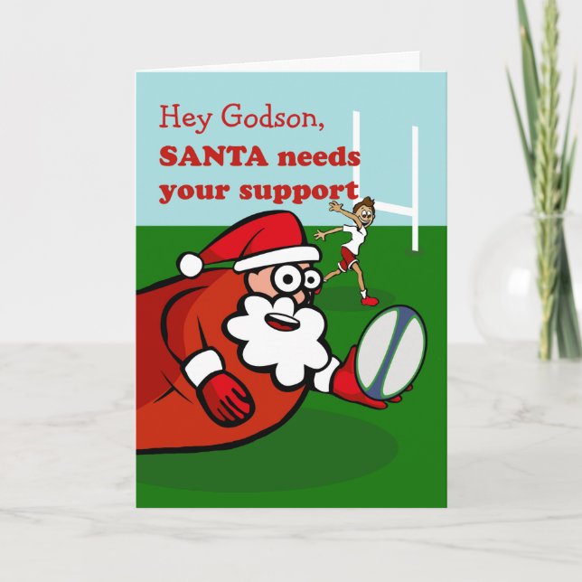 Santa Plays Rugby for Christmas, Godson, Custom Holiday Card (Front)