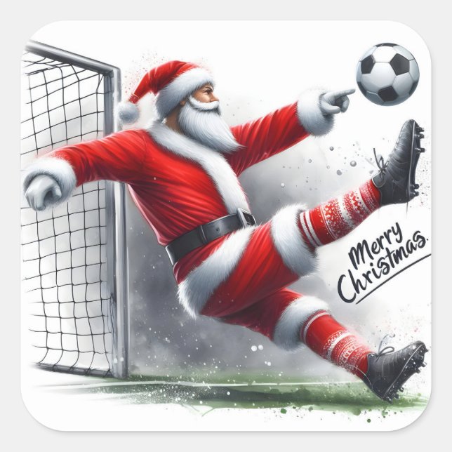 Santa Plays Soccer Joyfully on Christmas Day Square Sticker (Front)