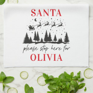 Santa please stop here for Christmas traditional C Tea Towel