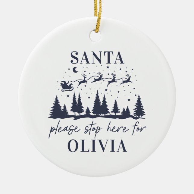 Santa please stop here for Christmas traditional Ceramic Tree Decoration (Front)