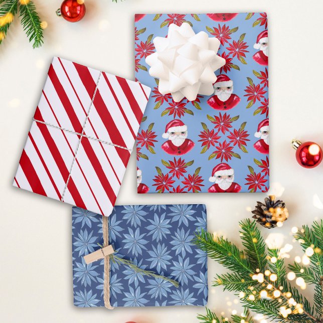 Santa Poinsettia Peppermint Stripe Retro Christmas Wrapping Paper Sheet (Creator Uploaded)