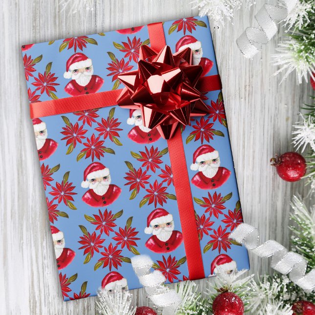 Santa Poinsettia Traditional Blue Red Christmas Wrapping Paper (Creator Uploaded)