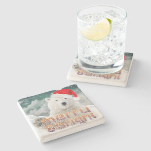 Santa Polar Bear   Beary Christmas Stone Coaster