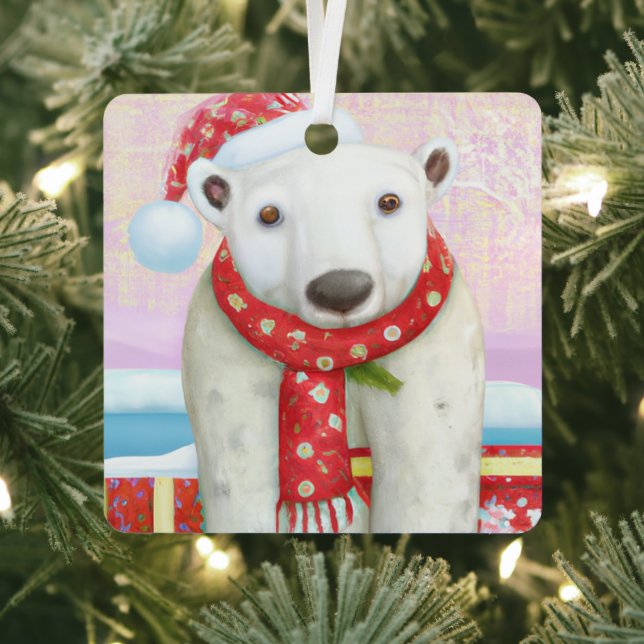 Santa Polar Bear Metal Tree Decoration (Insitu)