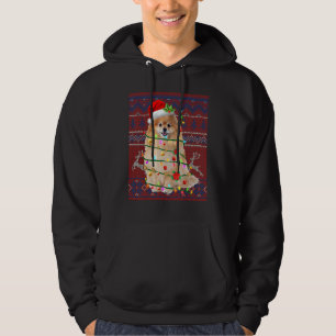 Santa Pomeranian Christmas Tree Lights Ugly Sweate Hoodie