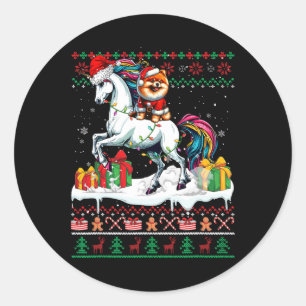 Santa Pomeranian Riding Unicorn Christmas Sweater Classic Round Sticker