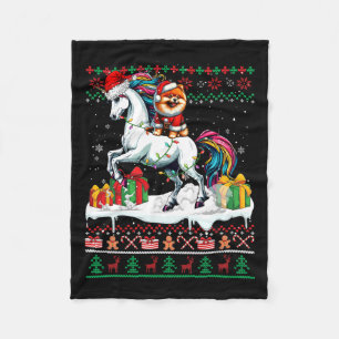 Santa Pomeranian Riding Unicorn Christmas Sweater Fleece Blanket