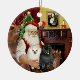 Santa - Pomeranians (TWO-BW) Ceramic Tree Decoration
