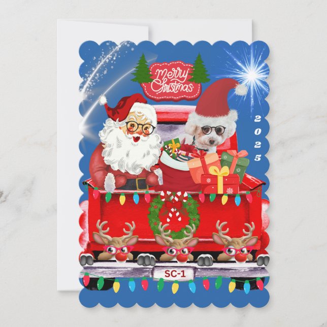 Santa & Poodle Merry Christmas Blue Note Card (Front)