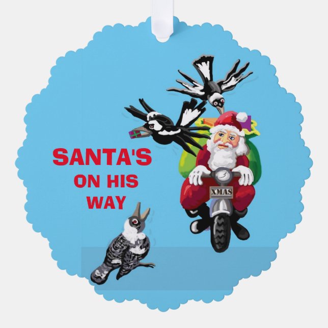 Santa postman and magpies tree decoration card (Front)