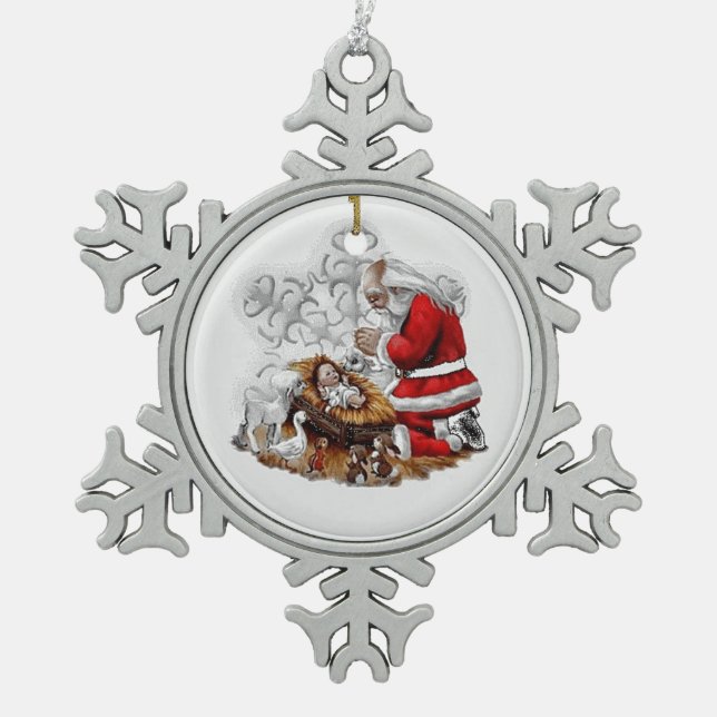 Santa Prayer over Baby Jesus Snowflake Pewter Christmas Ornament (Front)