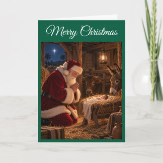 Santa Praying at Manger Christmas Card