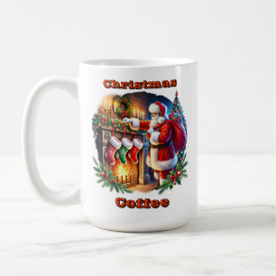 Santa Prepares Stockings by Fireplace Coffee Mug