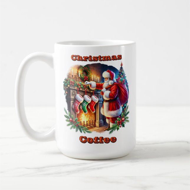 Santa Prepares Stockings by Fireplace Coffee Mug (Left)