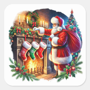 Santa Prepares Stockings by Fireplace Square Sticker