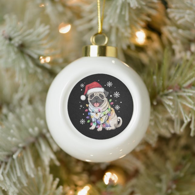 Santa Pug Christmas Lights Xmas Dog Lover  Ceramic Ball Christmas Ornament (Tree)