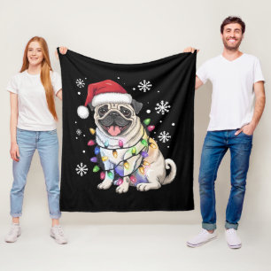 Santa Pug Christmas Lights Xmas Dog Lover  Fleece Blanket