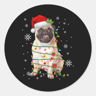 Santa Pug Christmas Lights Xmas Dog Lover Men Wome Classic Round Sticker