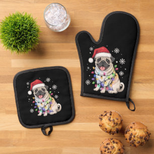 Santa Pug Christmas Lights Xmas Dog Lover Oven Mitt & Pot Holder Set