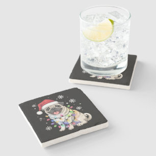 Santa Pug Christmas Lights Xmas Dog Lover  Stone Coaster