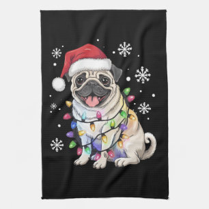Santa Pug Christmas Lights Xmas Dog Lover Tea Towel