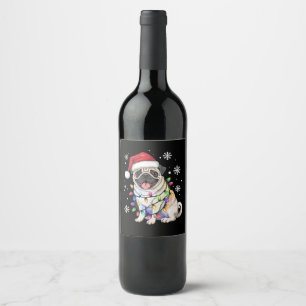 Santa Pug Christmas Lights Xmas Dog Lover Wine Label