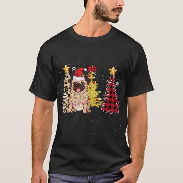 Santa Pug Christmas Tree Lights T-Shirt (Front)