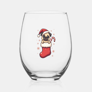 Santa Pug Delight Stemless Wine Glass